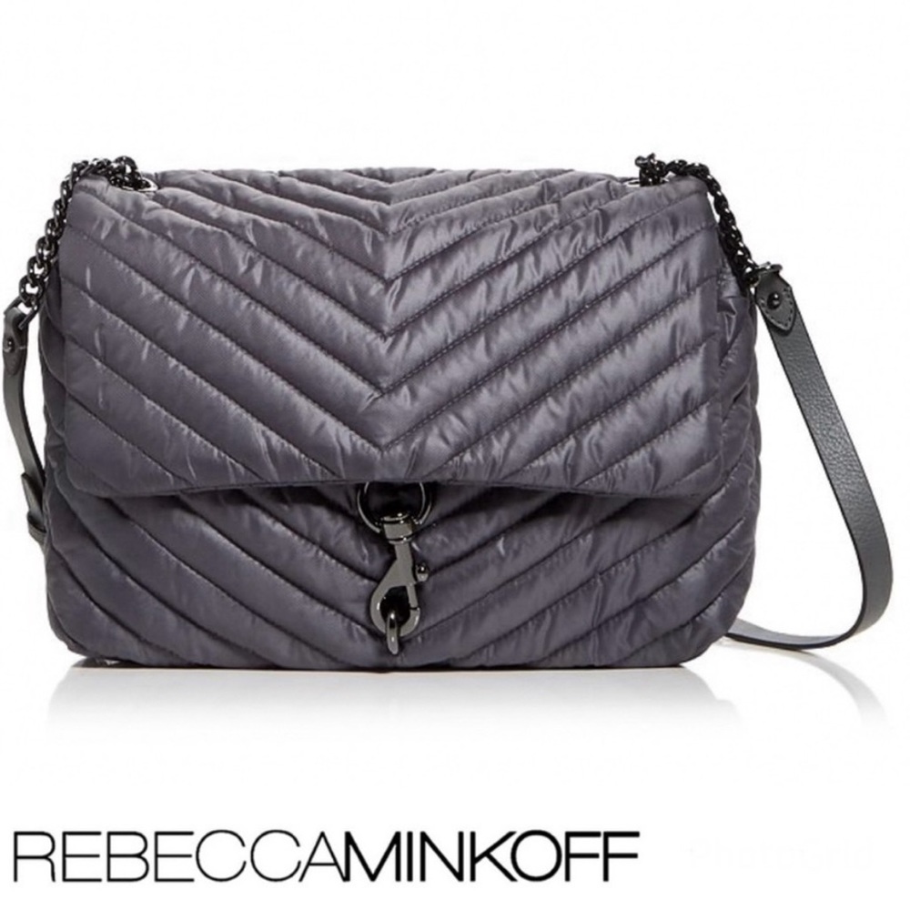 REBECCA MINKOFF Black Edie Quilted Nylon Flap Chain Leather Shoulder Bag